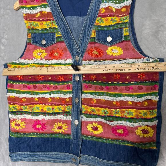 Susan Bristol Denim Vest M Vtg 90's Y2K Button Down Colorful Artsy Floral Indie - Picture 5 of 8